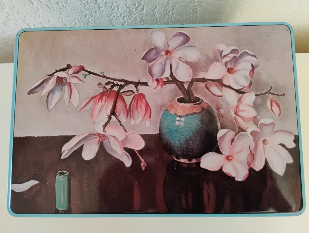 Van Melle blik koekblik met bloem, magnolia, Verzamelen, Ophalen of Verzenden, Koek(jes), Overige merken