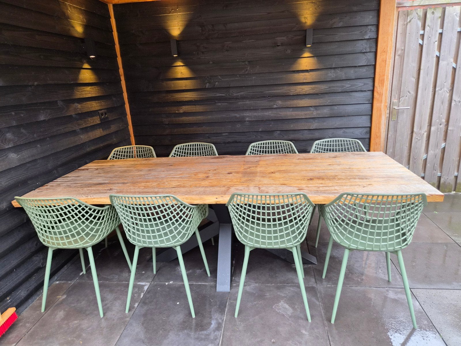 Mooie grote tuinset, tafel boomstam thermisch oud eiken, Ophalen, 8 zitplaatsen, Tuinset, Hout