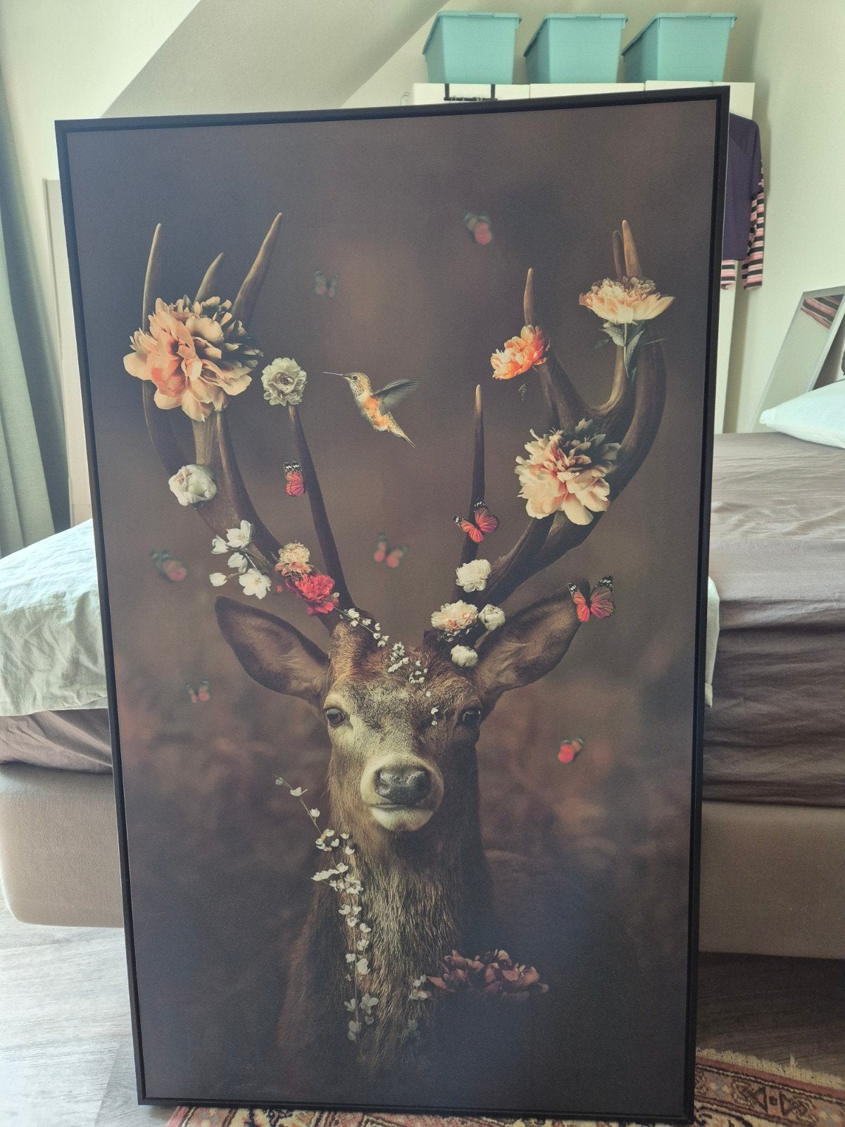 schilderij foto canvas met hert, bloemen en kolibrie, Ophalen, Zo goed als nieuw, Foto of Poster, 75 – 100