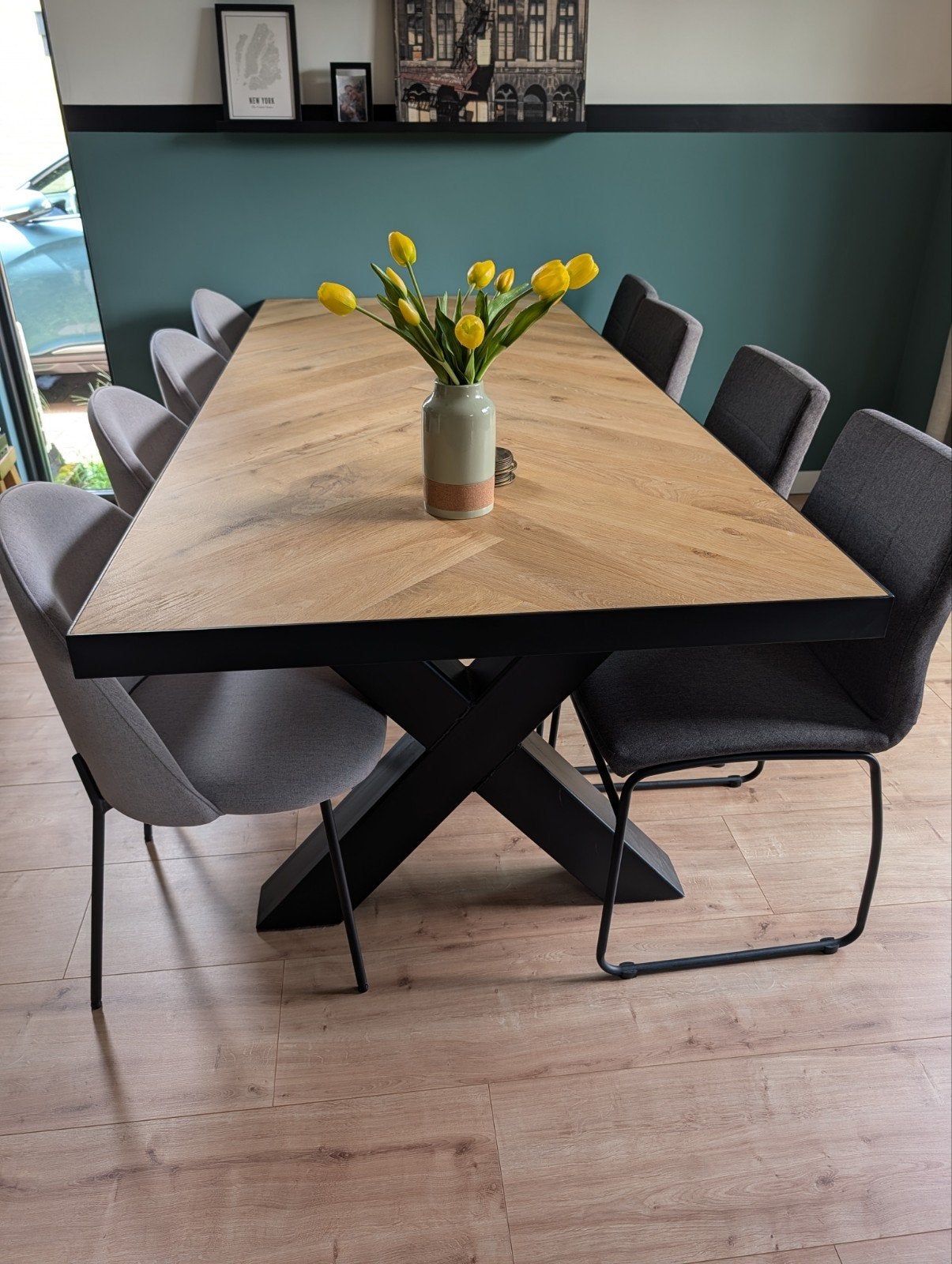 Visgraat eiken eettafel met stalen zwarte rand en X-onderste, Ophalen, Eikenhout, 200 cm of meer, 50 tot 100 cm