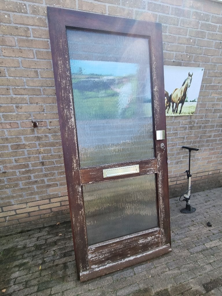 Houten Buitendeur met Geribbeld Glas, Slot en Scharnieren, Ophalen, Gebruikt, 80 tot 100 cm, Buitendeur