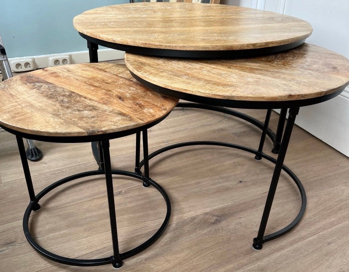 Set van 3 ronde salontafels van mangohout en metaal, Ophalen, Minder dan 45 cm, Rond, 55 tot 75 cm