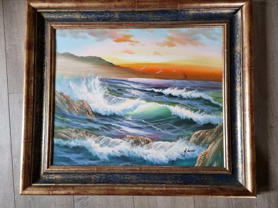 Schilderij: Krachtige golven bij zonsondergang, Antiek en Kunst, Ophalen, Doek, Realistisch, Gesigneerd