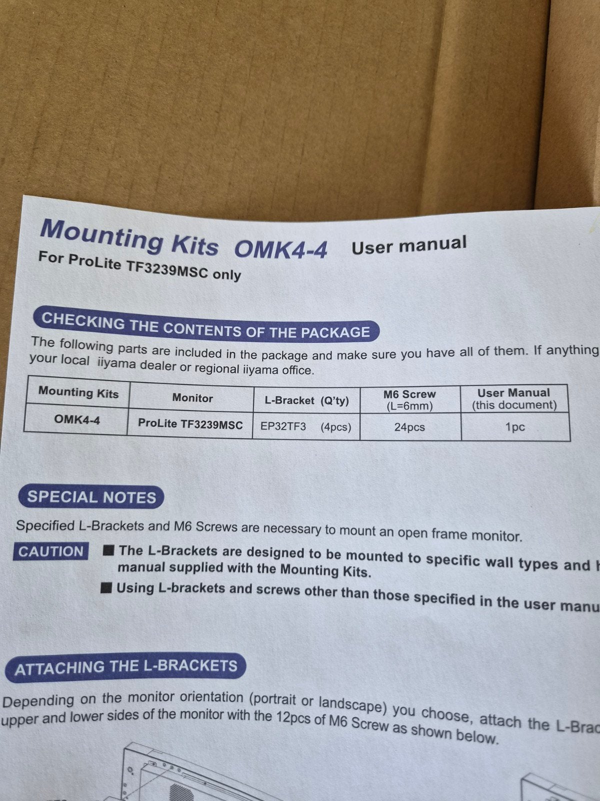 Iiyama OMK4-4 Montagekit voor ProLite TF3239MSC Monitor, Computers en Software, Monitoren, Ophalen of Verzenden, Nieuw