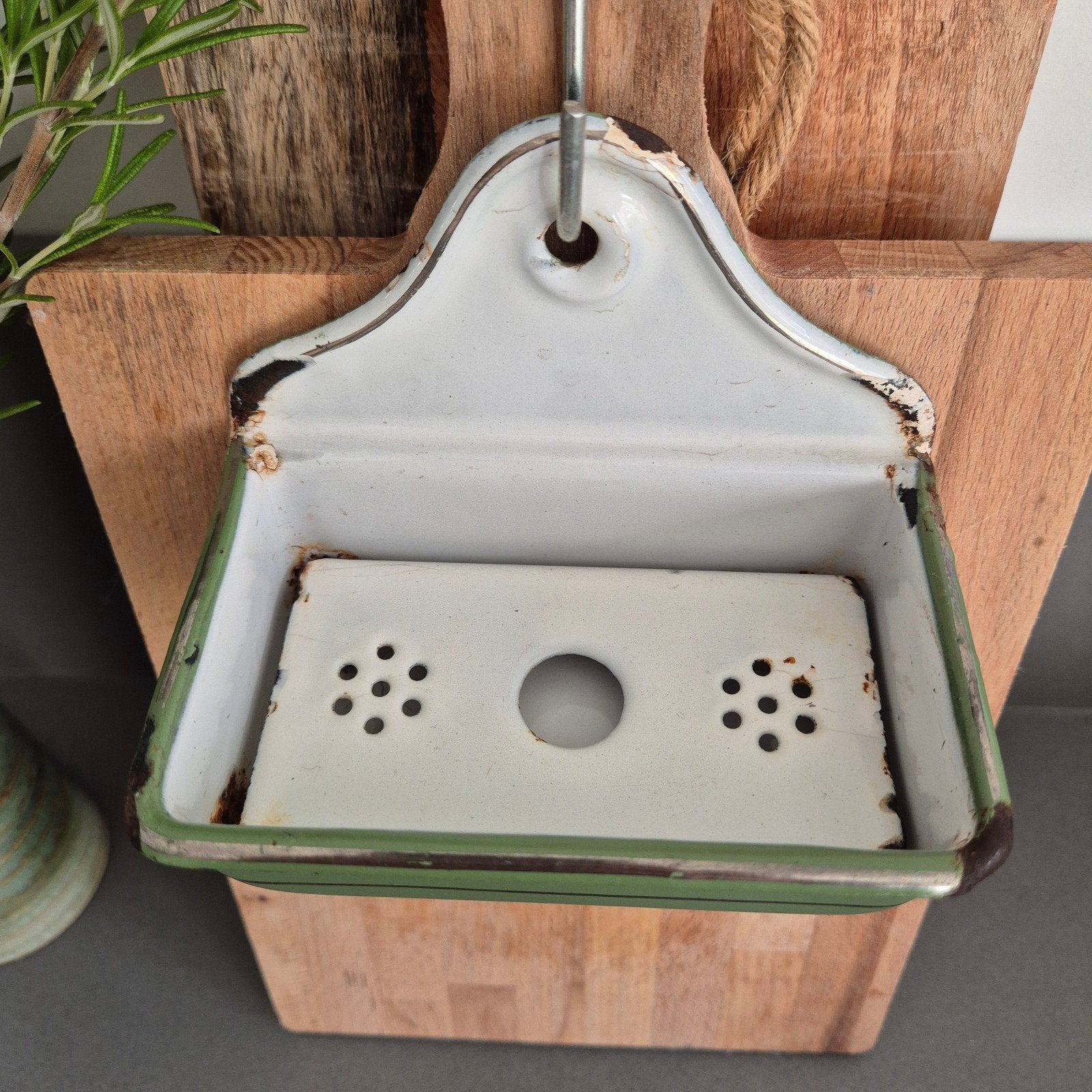 Oud brocante emaille zeepbakje – wit/groen – vintage, Ophalen of Verzenden