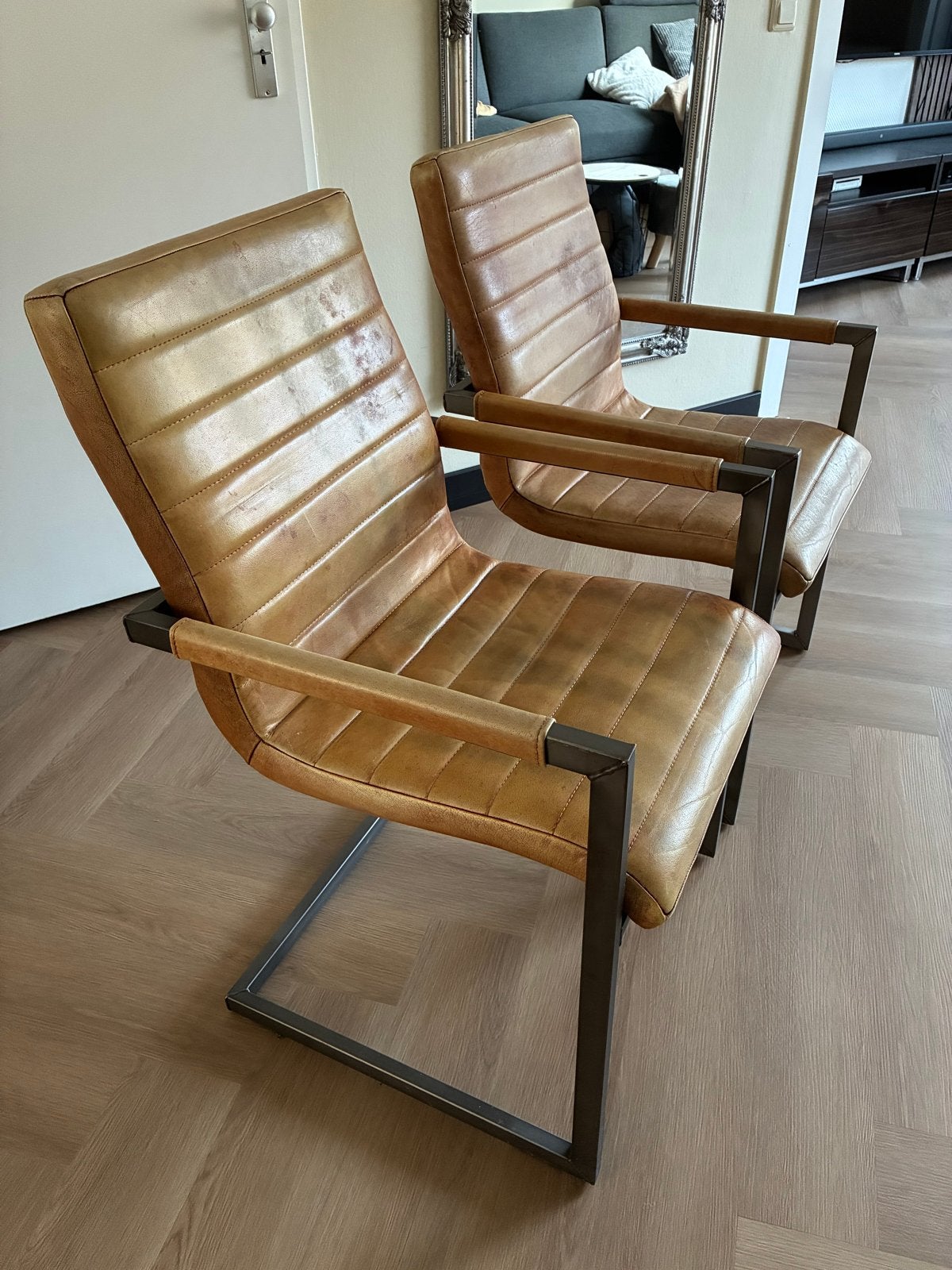 2 Industriële Eetkamerstoelen Cognac Leer, Ophalen, Gebruikt, Twee, Bruin