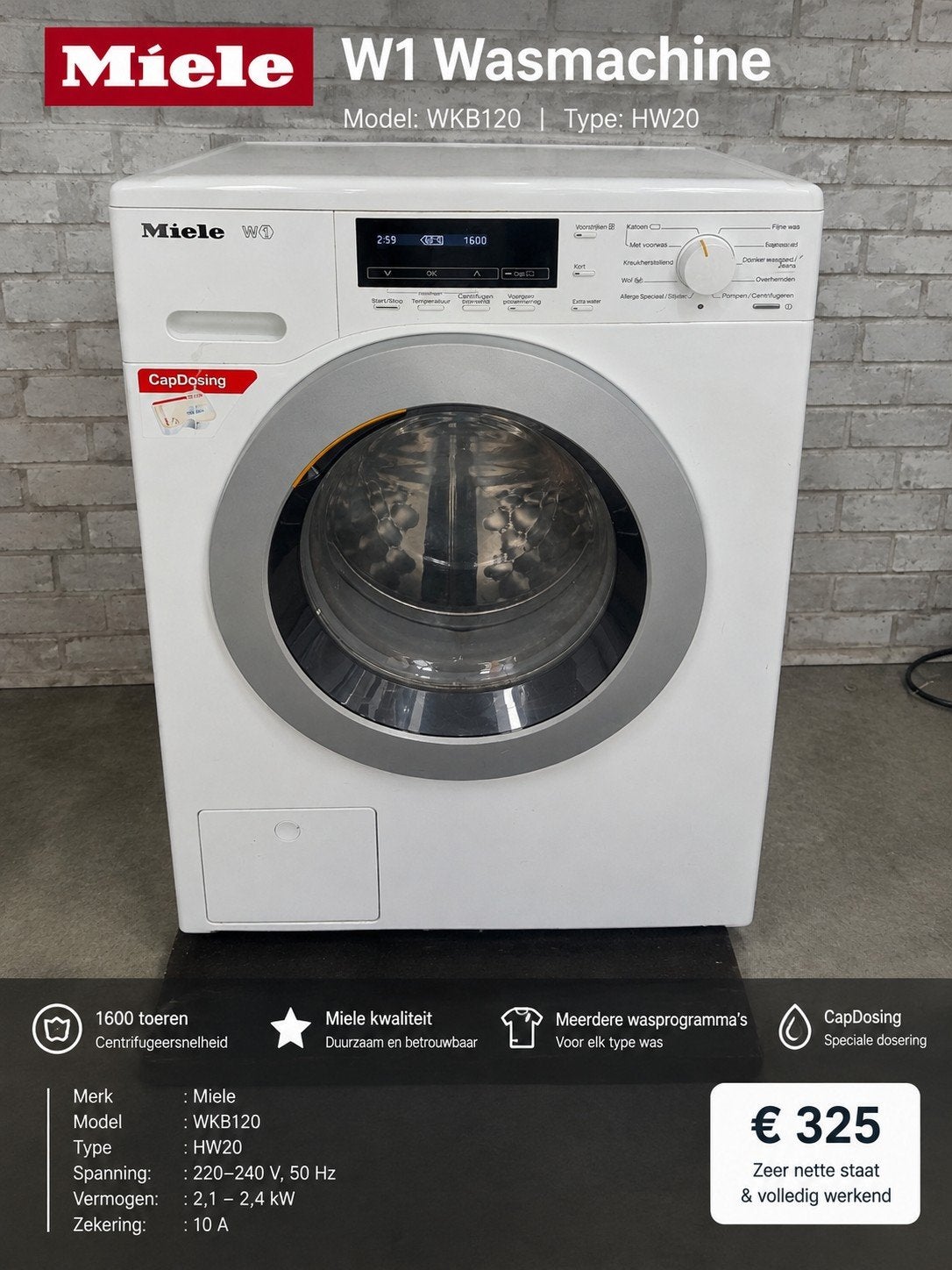 Miele W1 wasmachine WKB120 – 1600 toeren, Witgoed en Apparatuur, Ophalen, 1600 toeren of meer, 85 tot 90 cm