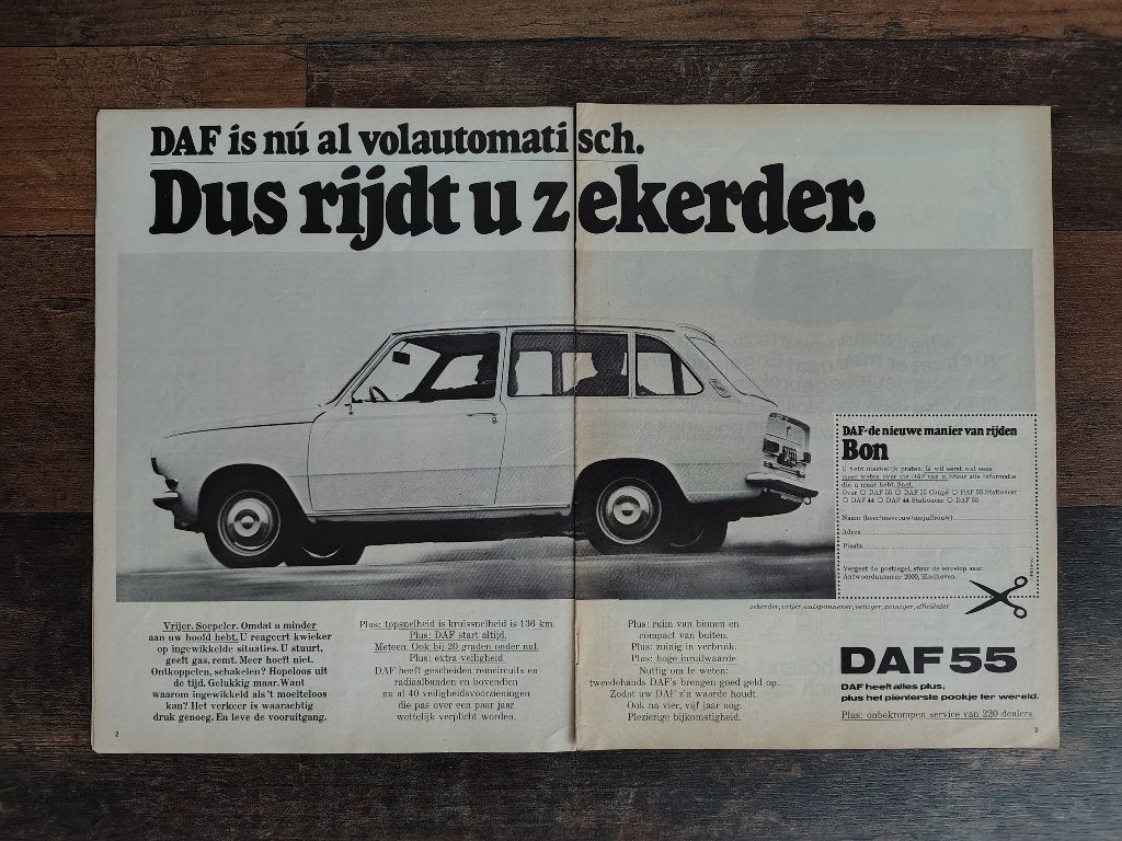 Reclame: DAF 55 Combi/ Variomatic (1971) 58 x 21 cm, Ophalen of Verzenden, Gebruikt, Auto's