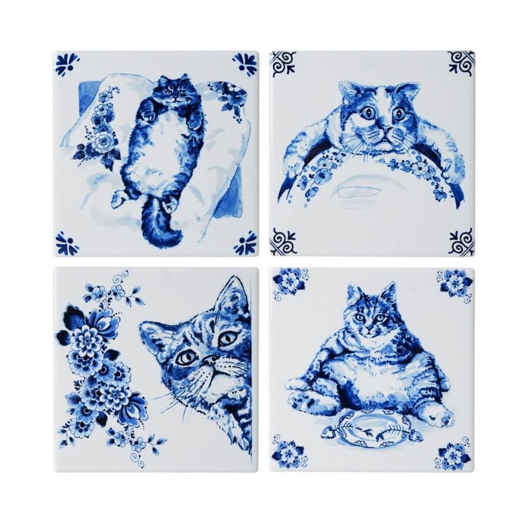 Heinen Delfts Blauw onderzetters Luie Kat set van 4, Overige merken, Overige typen, Ophalen of Verzenden, Delftsblauw