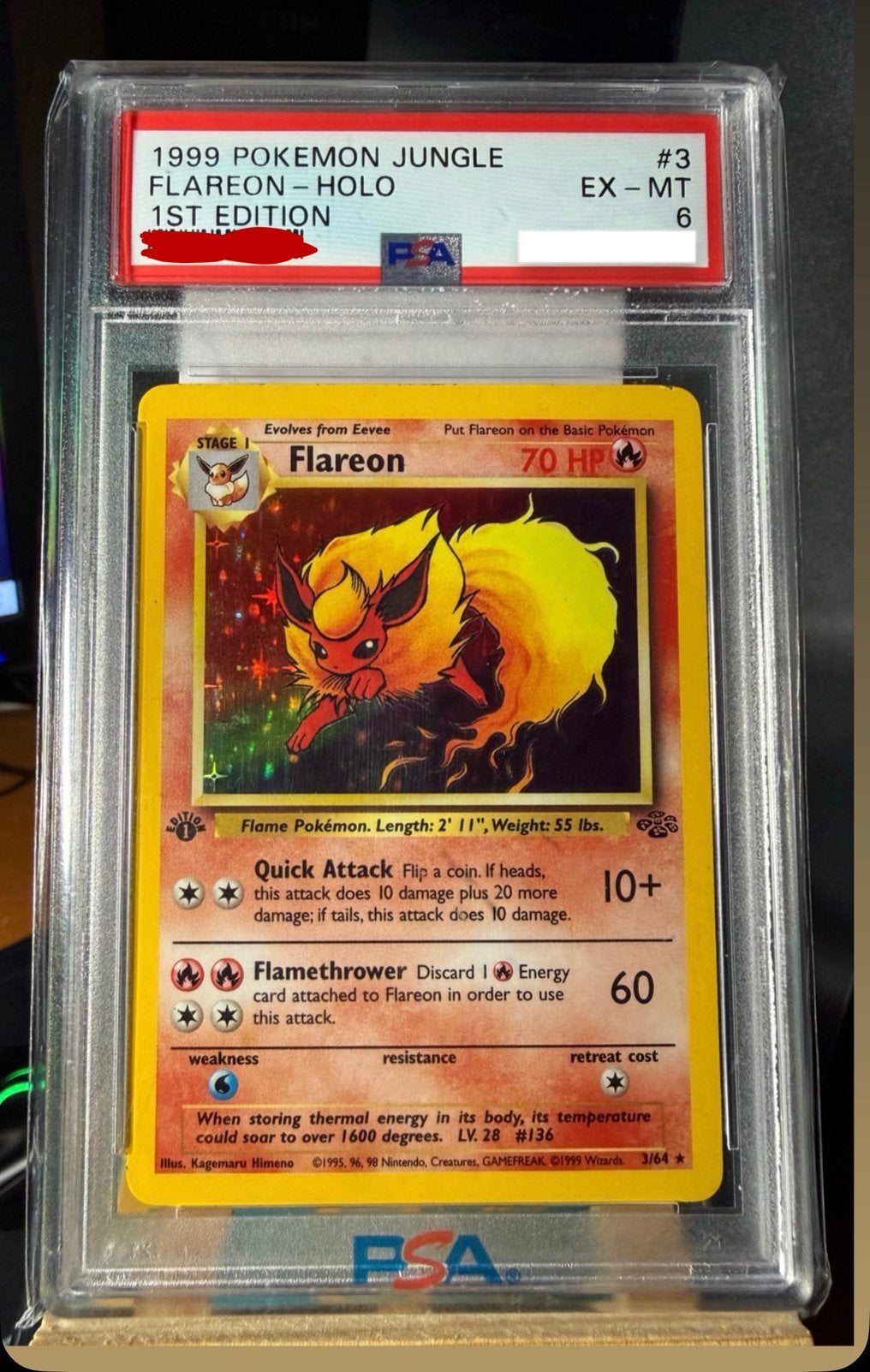 PSA 6 Flareon Holo 1st Edition Jungle 1999 Pokémon #3/64, Ophalen of Verzenden, Zo goed als nieuw, Losse kaart, Foil