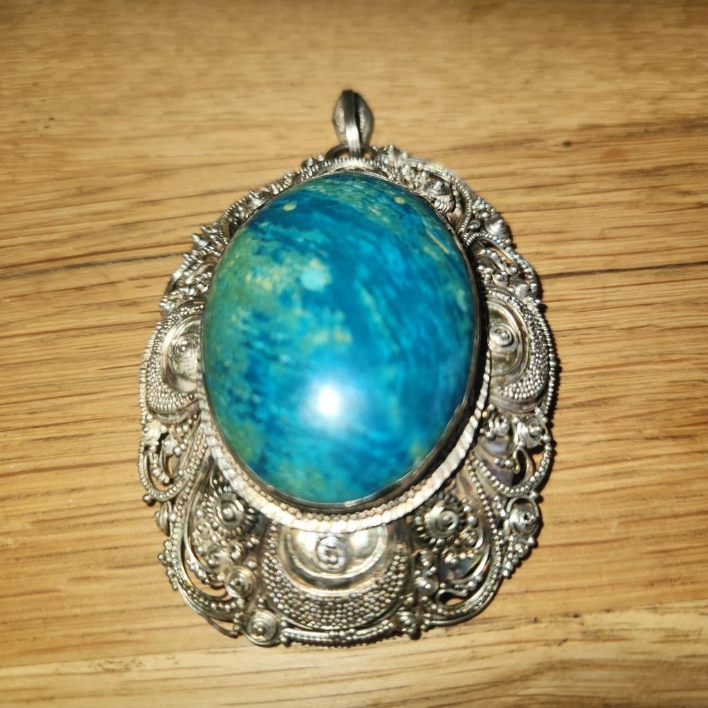 Antieke Zilveren Hanger met Blauwe Steen, Antiek en Kunst, Ophalen of Verzenden