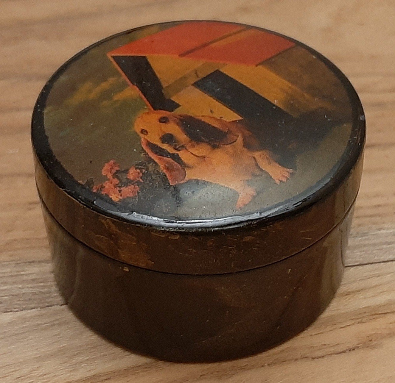 antiek lakdoosje met afbeelding hond, Verzamelen, Ophalen of Verzenden, Gebruikt, Overige