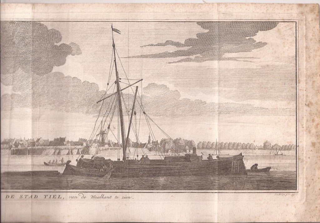 De stad Tiel, van de Waalkant te zien. 1740