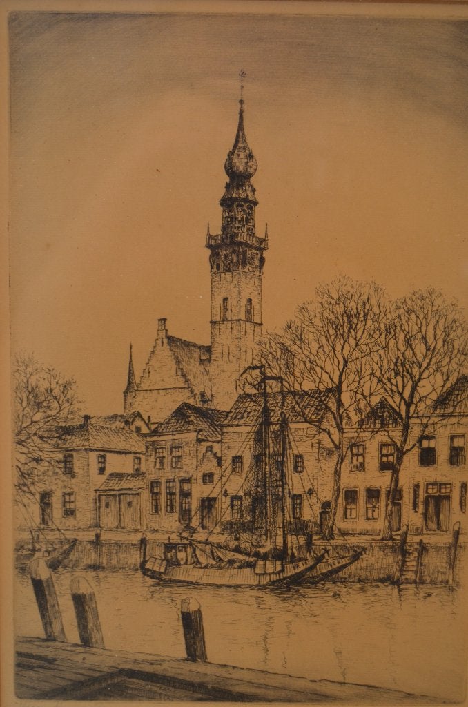 Ets Haven en stadhuis Veere gesigneerd., Ets, Stadsgezicht, Ophalen of Verzenden, 31 cm