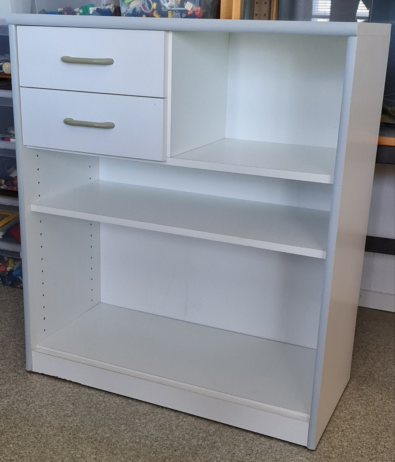 Witte kast met lades en planken, Ophalen, Met plank(en), Gebruikt, 100 tot 150 cm