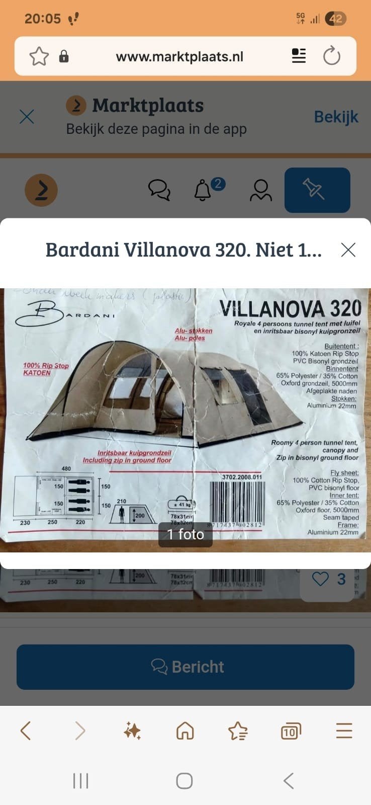 Bardani Villanova 320 tunneltent - Zo goed als nieuw, Caravans en Kamperen, Ophalen, Zo goed als nieuw, Tot en met 4