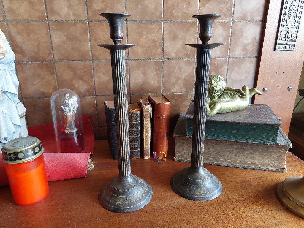 Gelijk stel metalen kandelaars / 34,7 centimeter, Overige materialen, Bruin, 35 cm, Ophalen of Verzenden