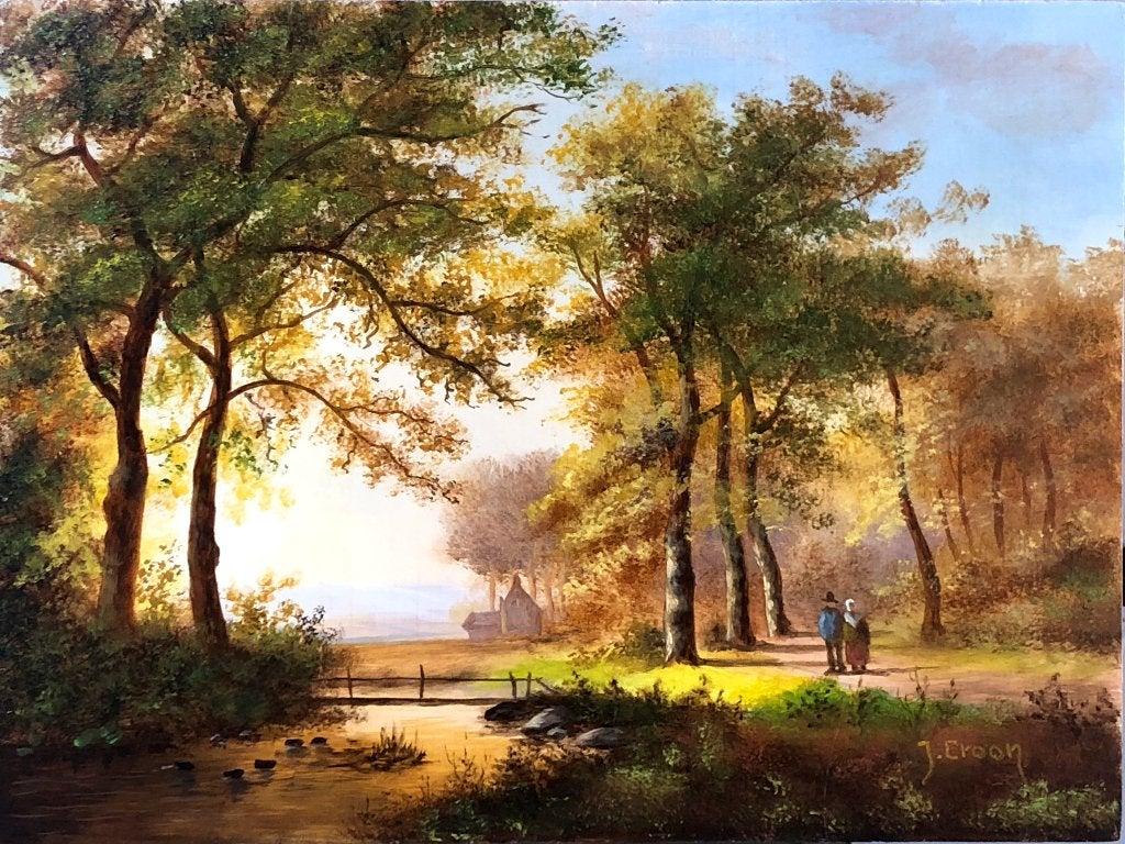 J. Croon Schilderij 'Bosrand bij beek met watervogels', Ophalen of Verzenden