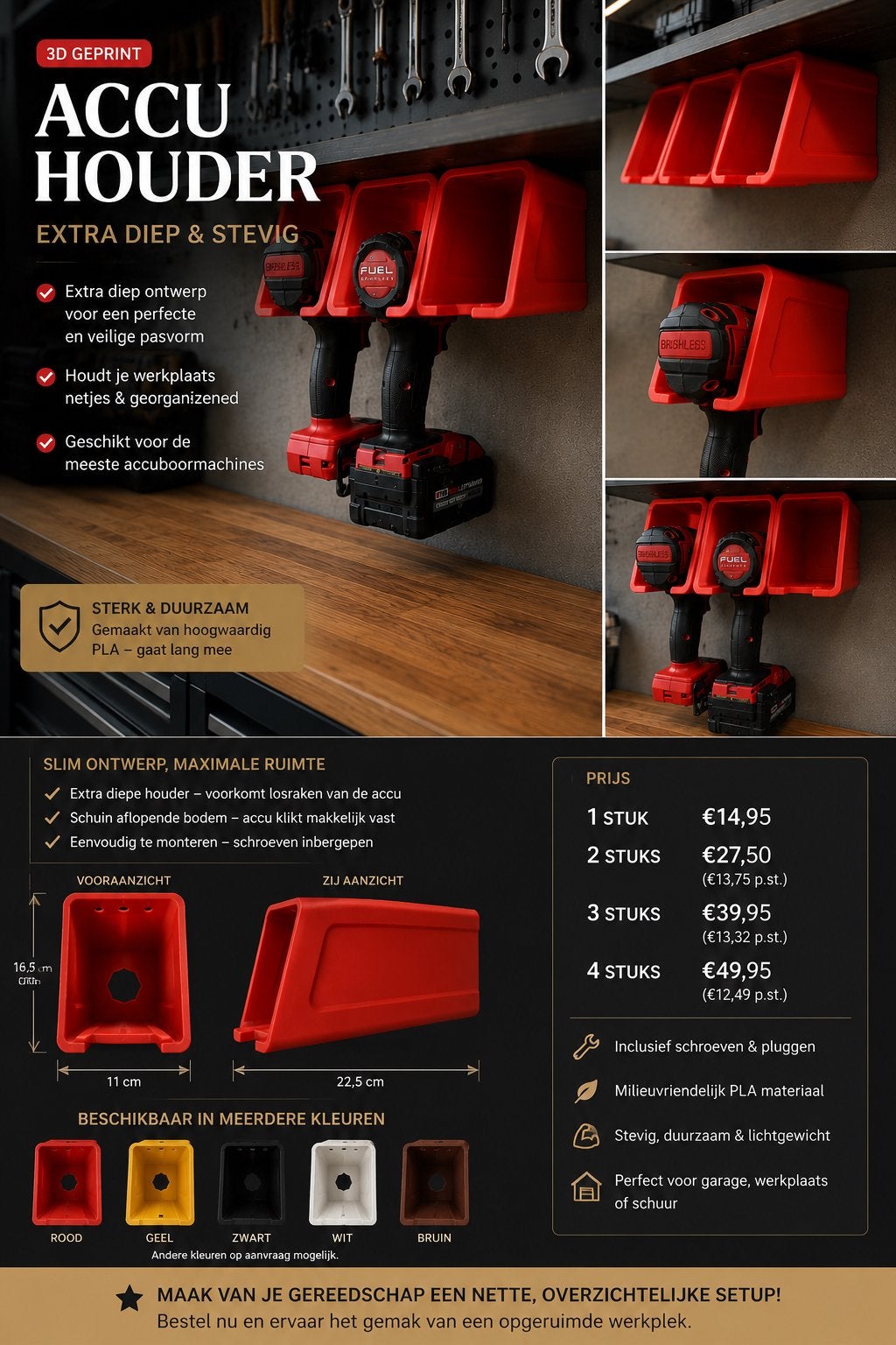 Accuboormachine Houder Wand | 3D Geprint | Diverse Kleuren, Doe-het-zelf en Verbouw, Gereedschap | Handgereedschap, Ophalen of Verzenden