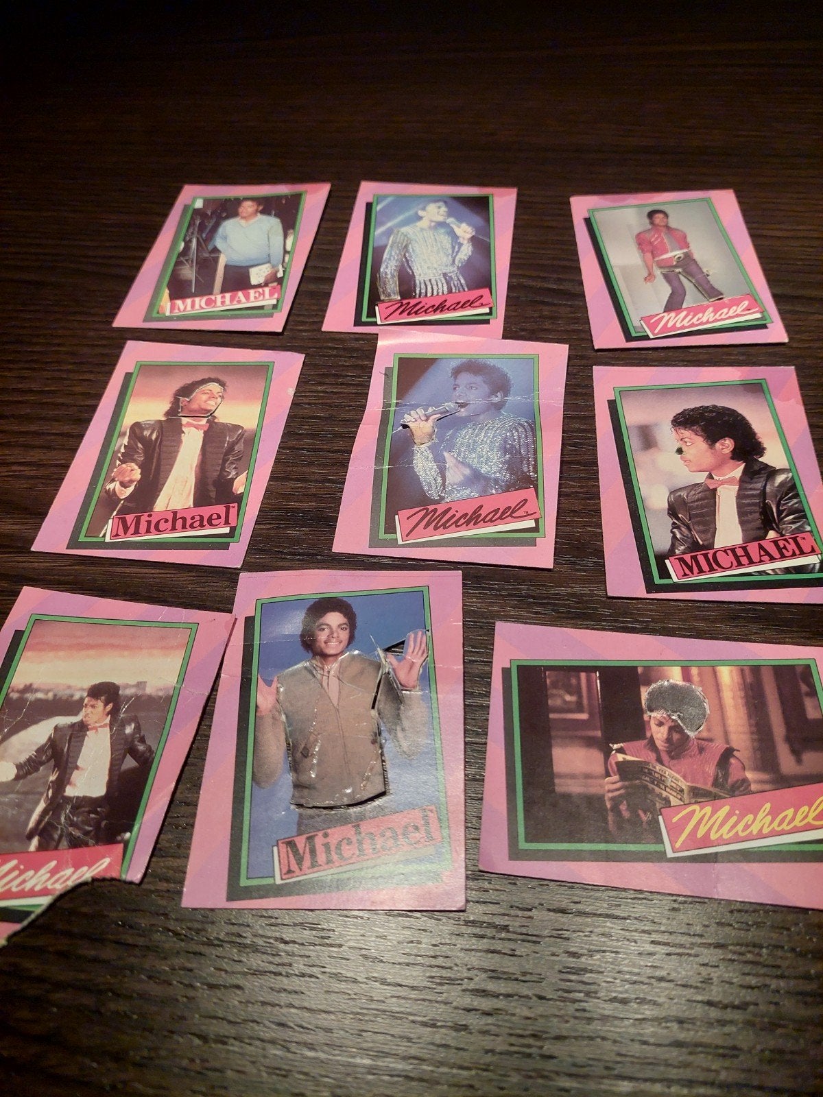 9 Topps Michael Jackson spaarkaarten uit 1984 - Beschadigd, Ophalen of Verzenden, Gebruikt, Foto of Kaart