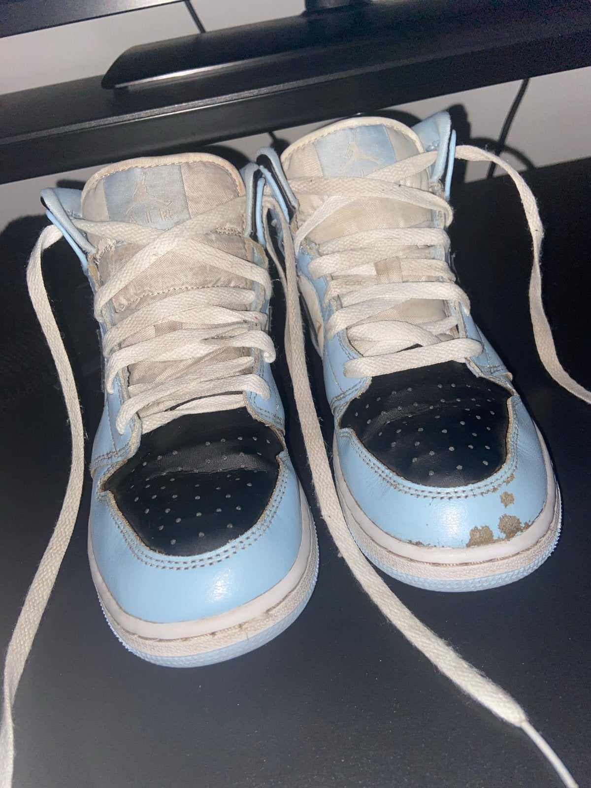 Jordan 1 Mid University Blue Black - Maat 38, Verzenden, Gedragen, Blauw, Sneakers of Gympen