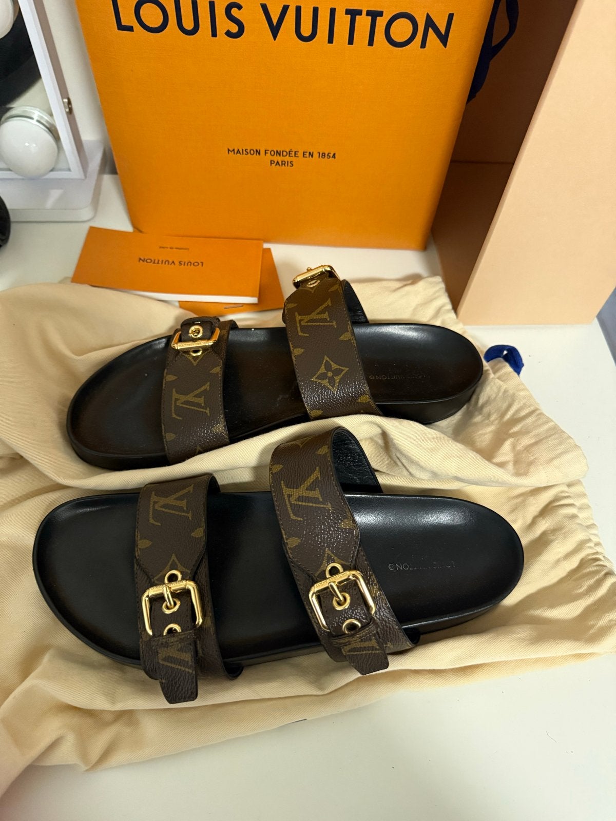Louis Vuitton slippers - Origineel en weinig gedragen, Ophalen of Verzenden, Zo goed als nieuw, Bruin, Slippers