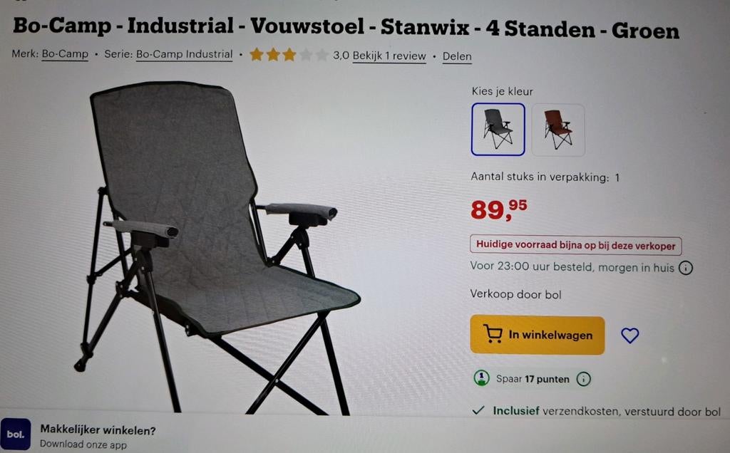Bo camp Stanwix opvouwbare stoel, Caravans en Kamperen, Ophalen of Verzenden, Zo goed als nieuw, Campingstoel