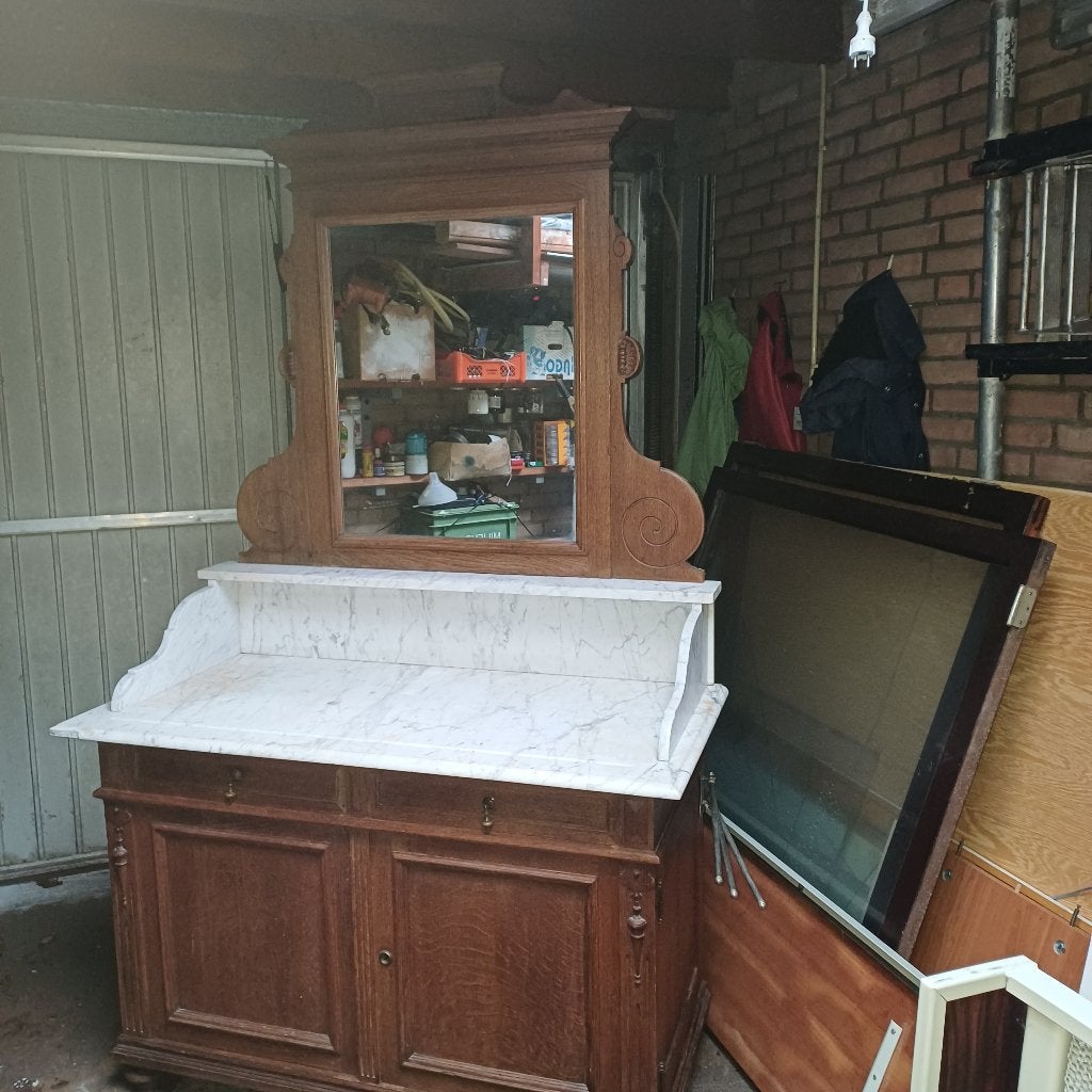 Antieke eiken commode kaptafel met marmerblad, Ophalen