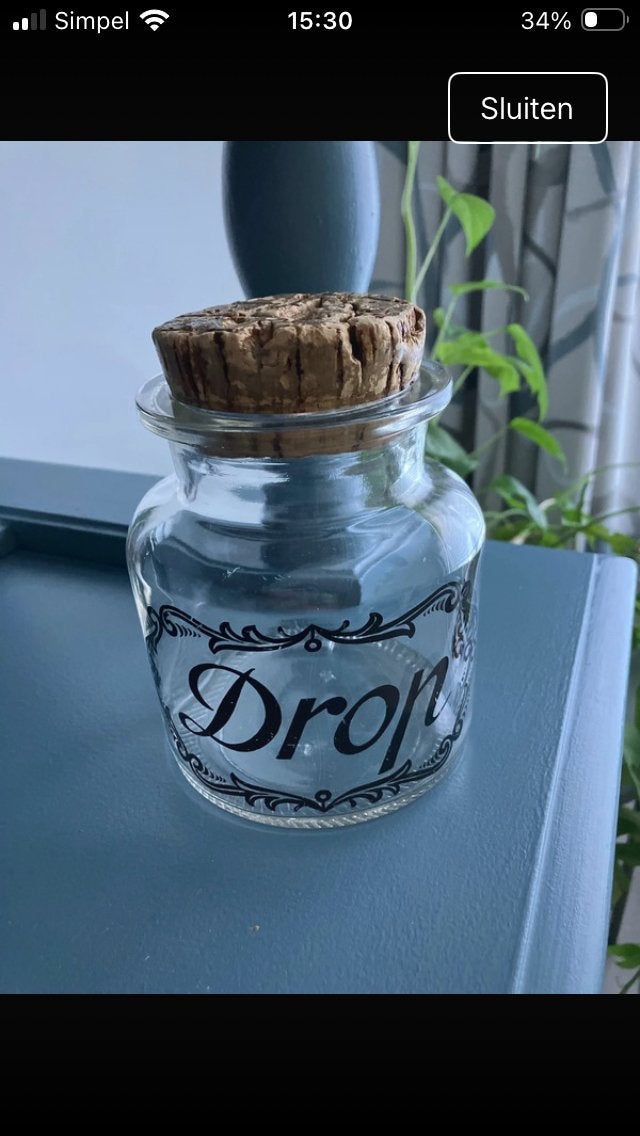 Glazen potje met kurk en 'Drop' opdruk, Ophalen of Verzenden, Zo goed als nieuw, Glas, Vintage