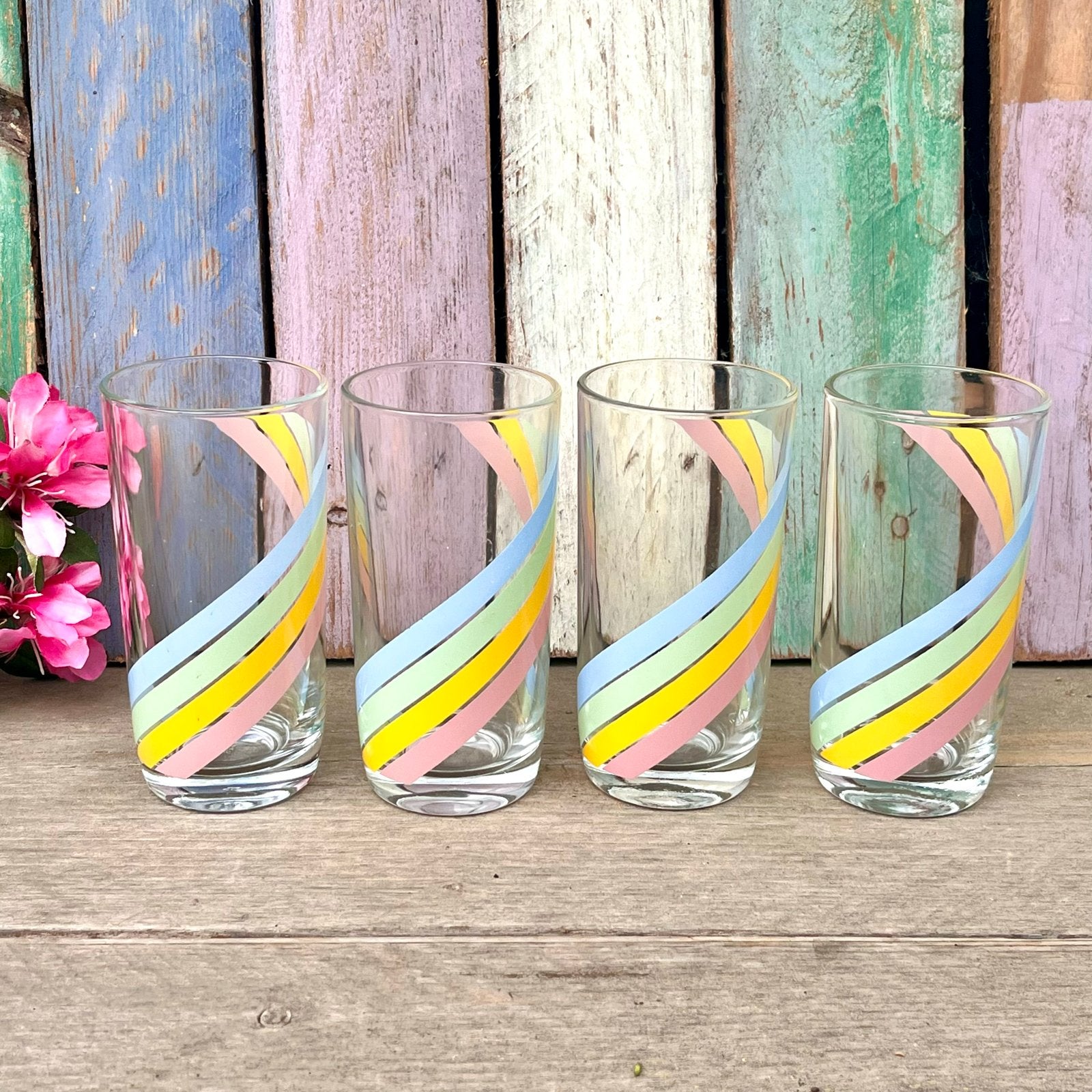 Vintage regenboog glazen set Nutella glazen jaren 80, Ophalen of Verzenden, Zo goed als nieuw, Overige typen