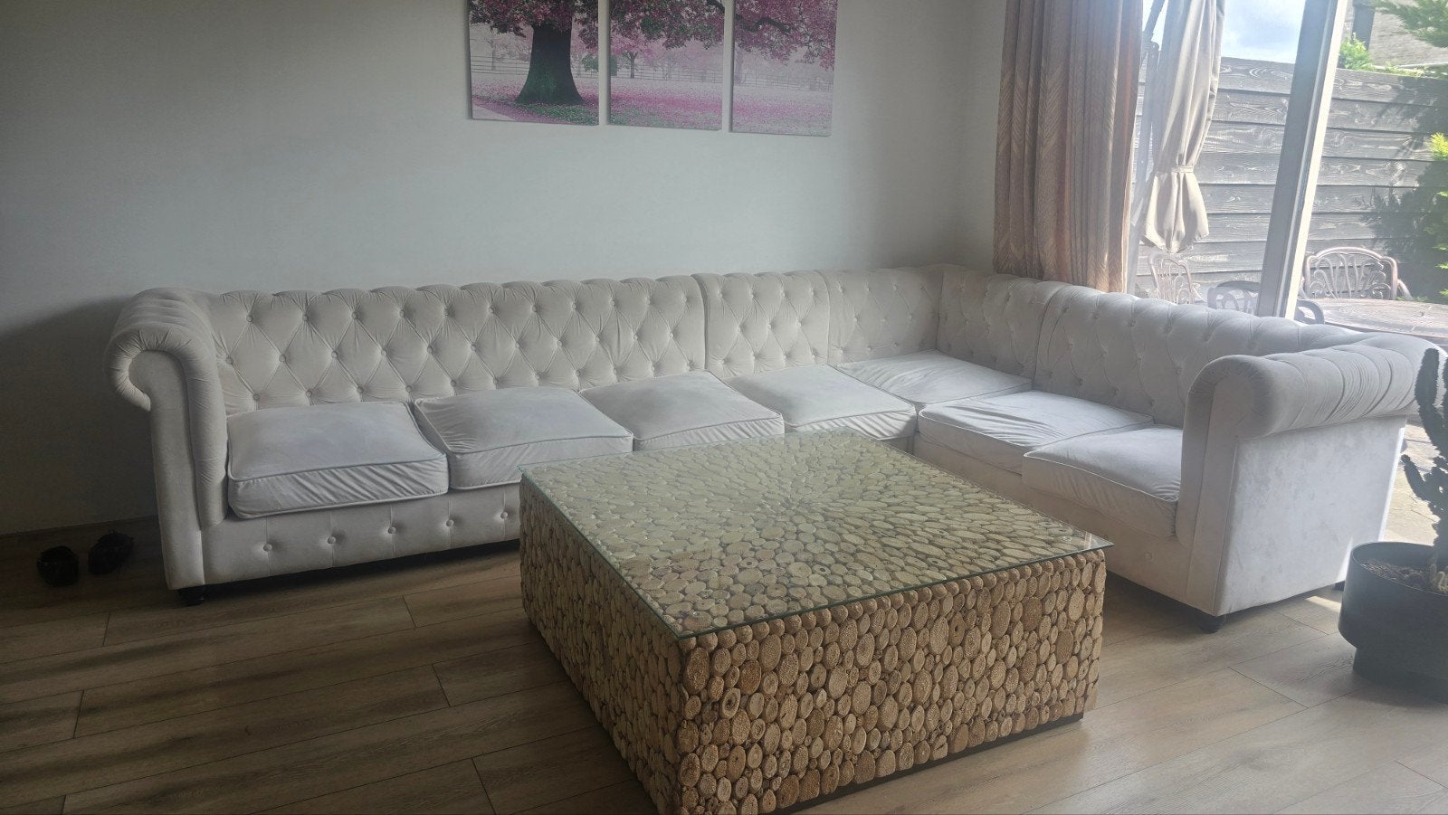L-vormige stoffen bank - Chesterfield stijl, Gebruikt, 100 tot 125 cm, 300 cm of meer, Ophalen of Verzenden