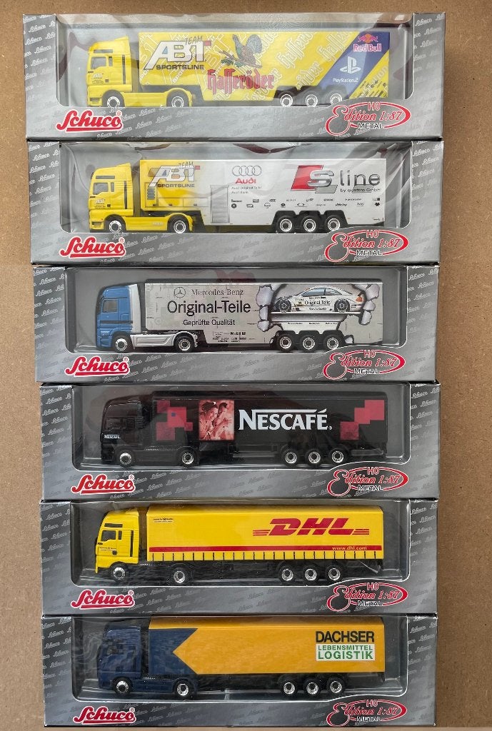 Zeven H0 Edition Metal vrachtwagens met ovp, Overige merken, Locomotief, Schuco, Gelijkstroom of Wisselstroom