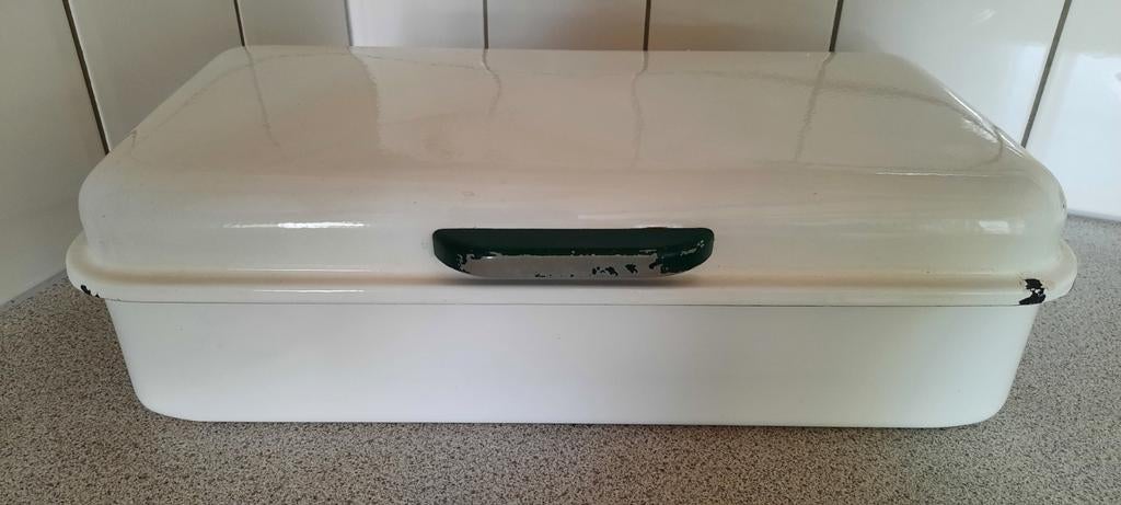 Vintage Broodtrommel - Wit Emaille met Groene Handgreep, Ophalen of Verzenden