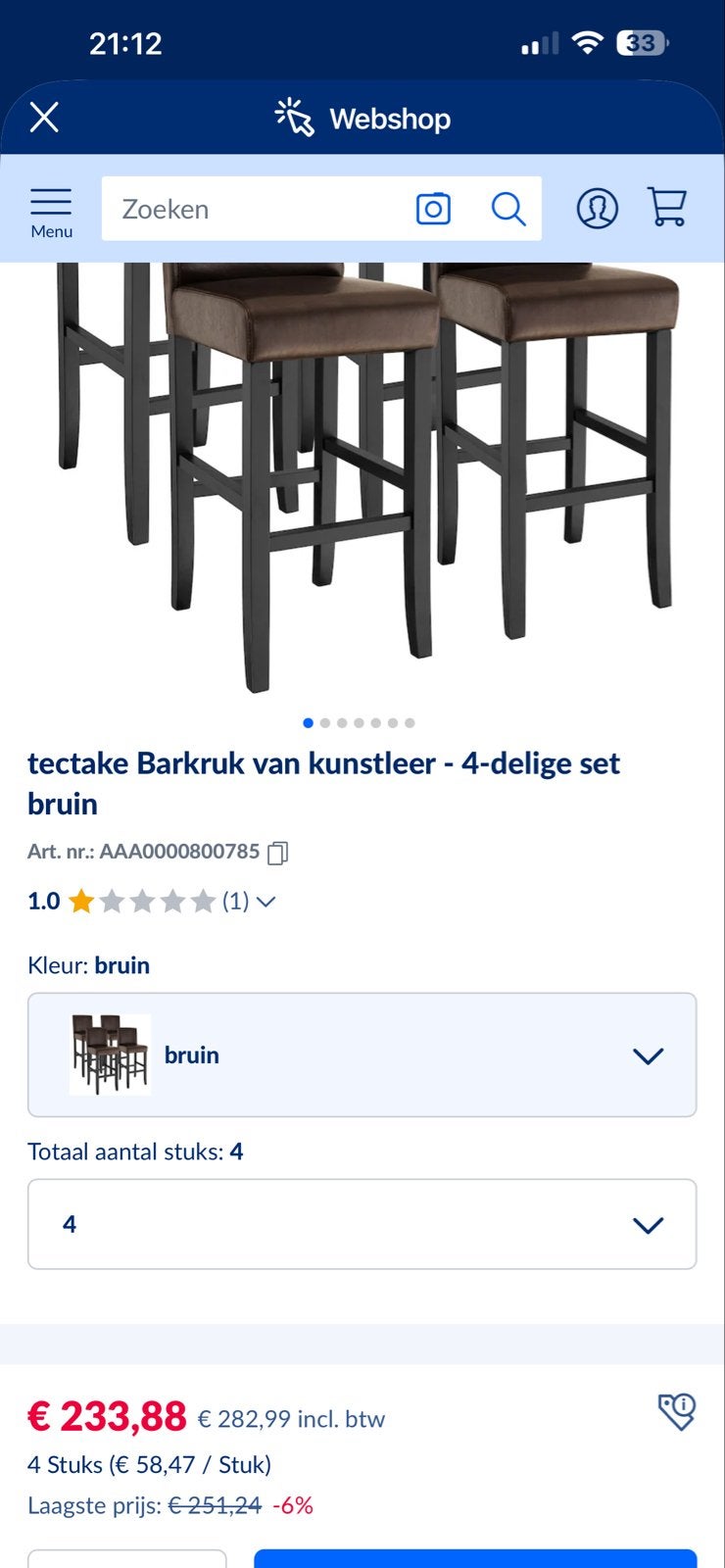 Tectake barkrukken van kunstleer - 4-delige set bruin 11st, Huis en Inrichting, Ophalen, Kunststof, Nieuw, 90 cm of meer