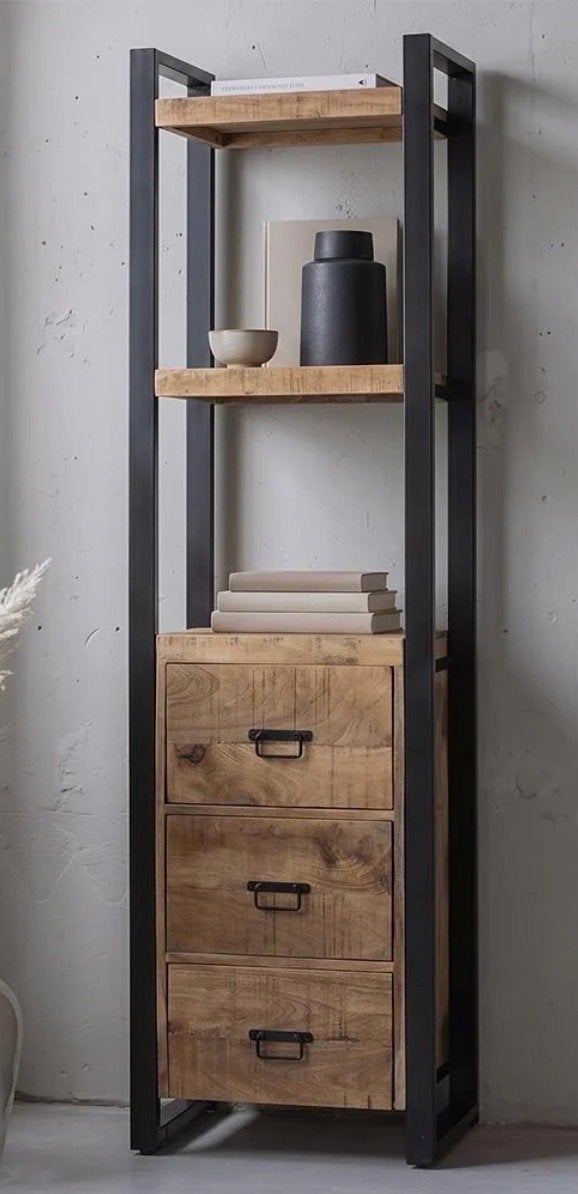 Mangohouten Boekenkast Britt met 3 lades Industrieel, Huis en Inrichting, Kasten | Boekenkasten, 200 cm of meer, Zo goed als nieuw