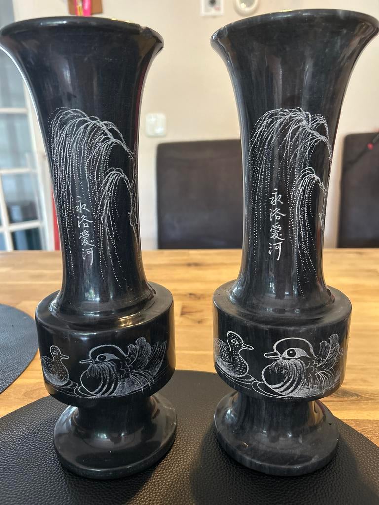Set van 2 Chinese vazen met eenden en wilgenmotief, Antiek en Kunst, Antiek | Vazen, Ophalen of Verzenden