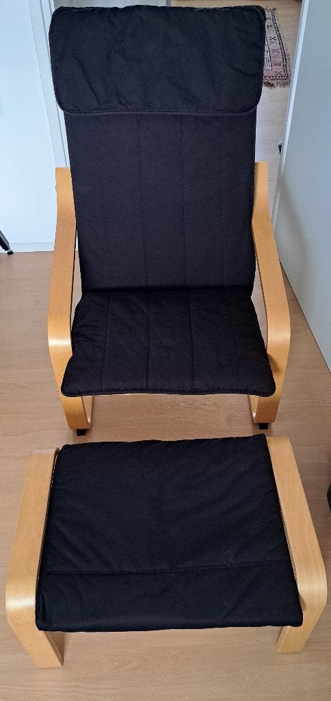 IKEA POÄNG zwarte fauteuil voetenbankje, Ophalen, Gebruikt, 75 tot 100 cm, Stof