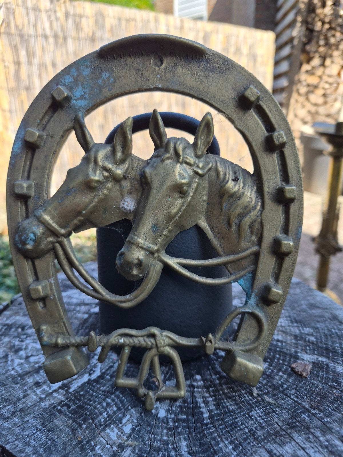 Vintage Sleutelrekje Hoefijzer met Paardenhoofden, Vintage, Gebruikt, Ophalen of Verzenden, Goud