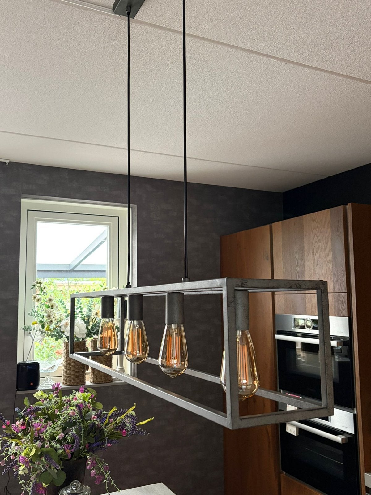 Industriële hanglamp met 4 Edison gloeilampen, Ophalen, Zo goed als nieuw, Metaal, E27 (groot)