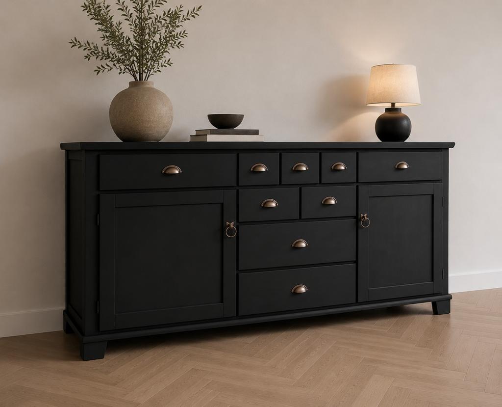 Super strak mat zwart dressoir NIEUW, Huis en Inrichting, Kasten | Dressoirs, Met deur(en), Muppetsmeubels@gmail.com, Middenhof 41 Rilland