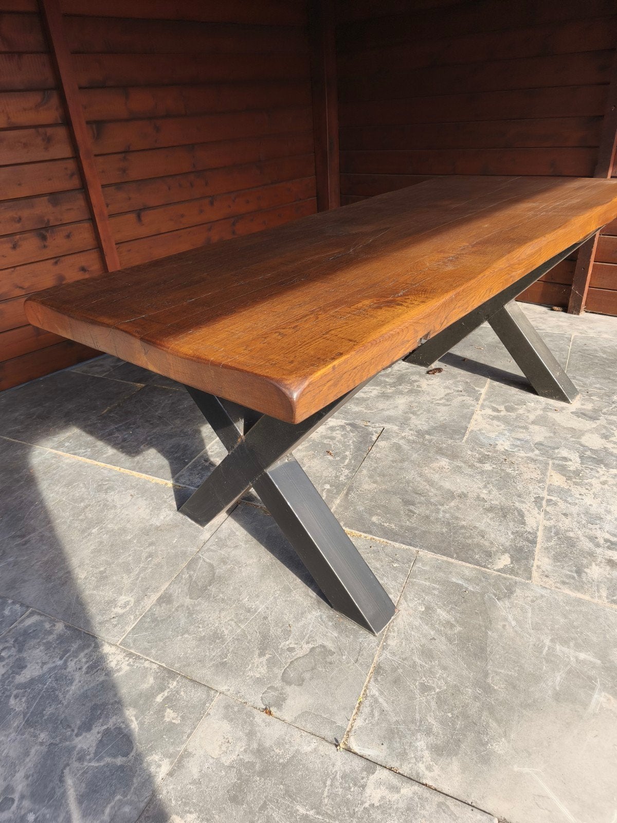Tuintafel met zwaar eiken tafelblad - 200x84 cm, 7 cm dik, Tuin en Terras, Tuintafels, Gebruikt, Rechthoekig, Ophalen of Verzenden