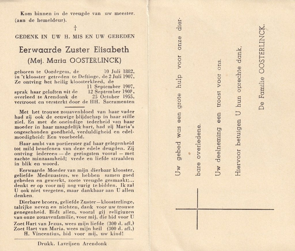Oosterlinck Maria 1882 Oordegem 1955 Arendonk zuster, Verzamelen, Bidprentjes en Rouwkaarten, Ophalen of Verzenden, Bidprentje