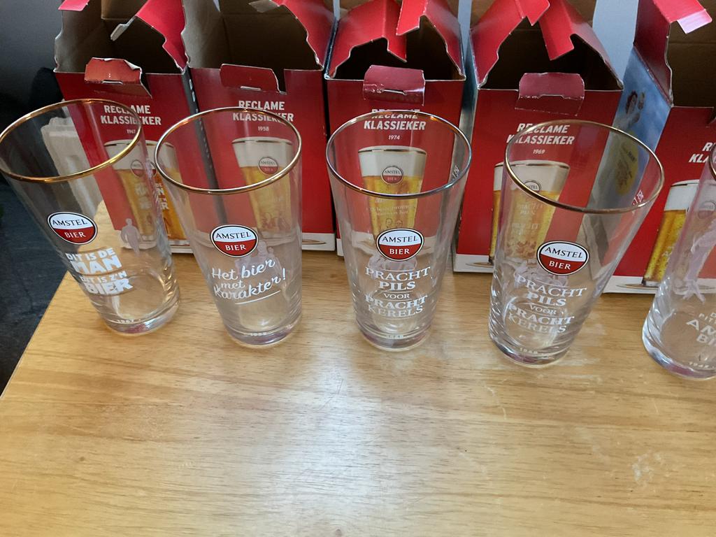 Nieuw Vintage Amstel bierglazen met reclame tekst - 6 stuks, Verzamelen, Biermerken, Ophalen, Nieuw, Glas of Glazen, Amstel