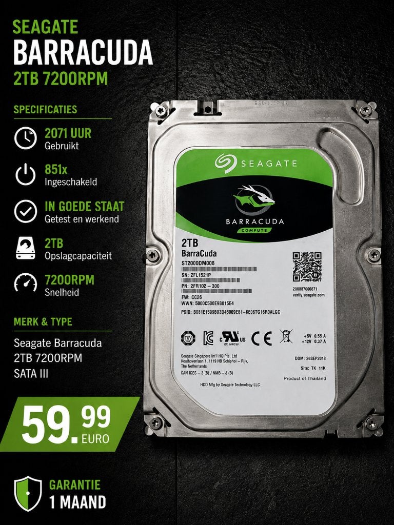 Seagate BarraCuda 2TB HDD 7200RPM SATA | Getest + Garantie✅, Computers en Software, Harde schijven, Intern, 2TB, Gebruikt, Seagate