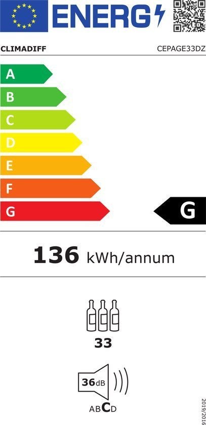 Climadiff wijnklimaatkast CEPAGE33DZ - vrijstaand, Zonder vriesvak, Nieuw, Ophalen of Verzenden, Minder dan 75 liter