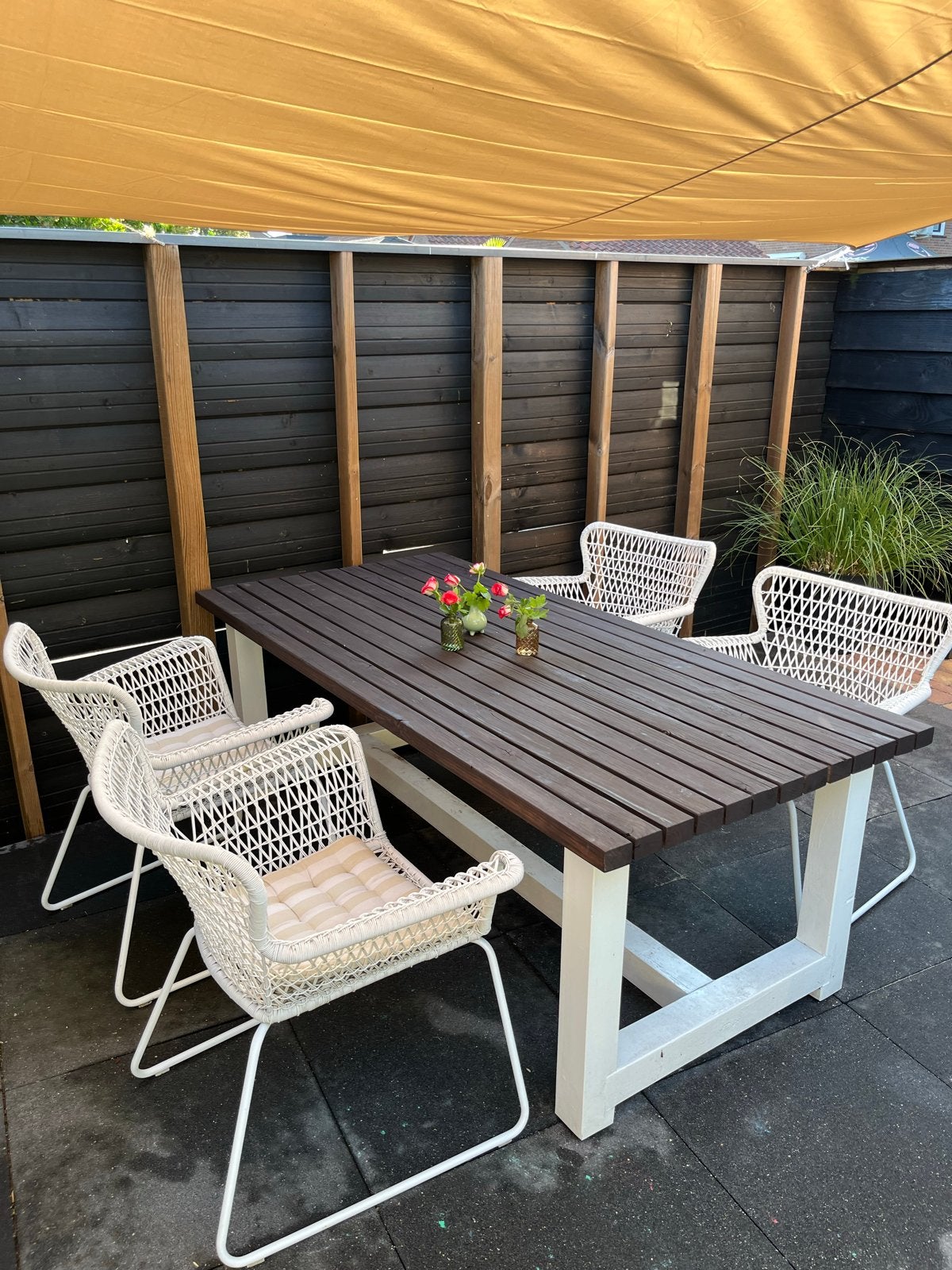 Robuuste tuintafel met 4 stoelen, Ophalen, Gebruikt, Rechthoekig, Hout
