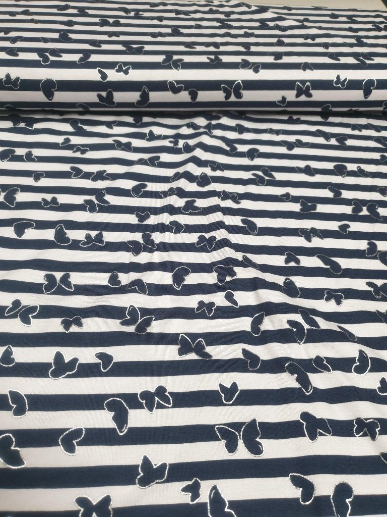tricot katoen streep donkerblauw/wit vlinder (12653), Blauw, 120 cm of meer, Nieuw, Ophalen of Verzenden