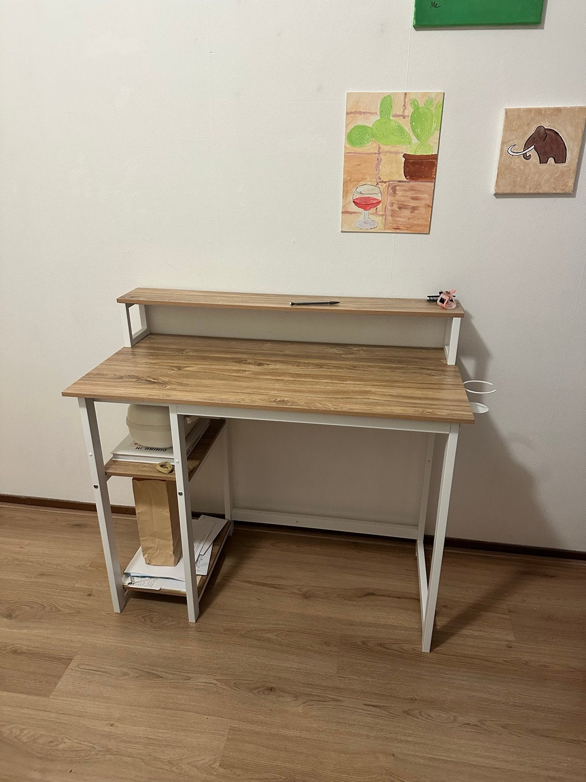 Compact bureau met opbergruimte - Hout en wit metaal, Huis en Inrichting, Ophalen, Opbergruimte, Hout, Bruin