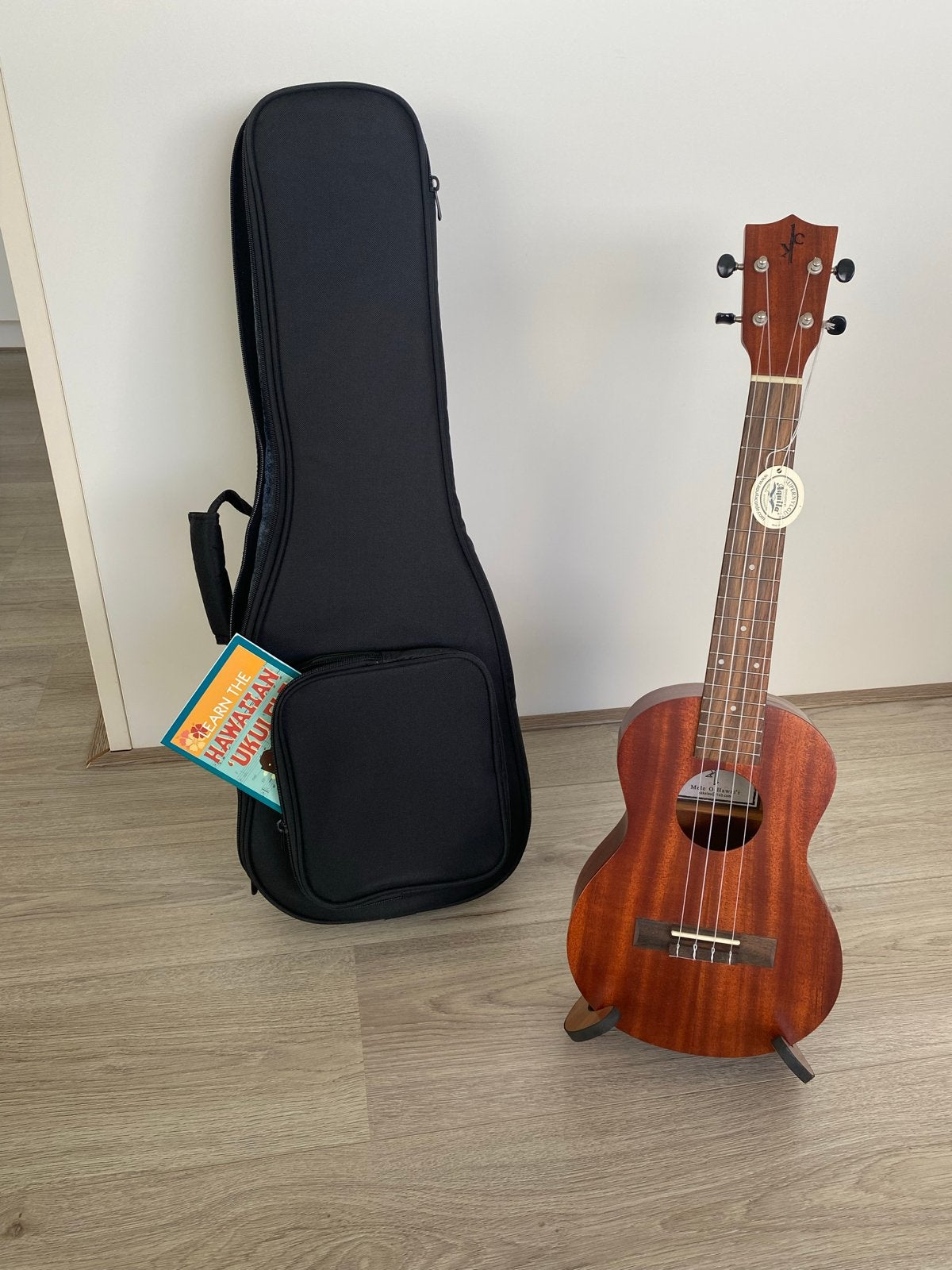 Zo goed als nieuwe ukelele met standaard, hoes en lesboek, Ophalen, Zo goed als nieuw, Ukelele
