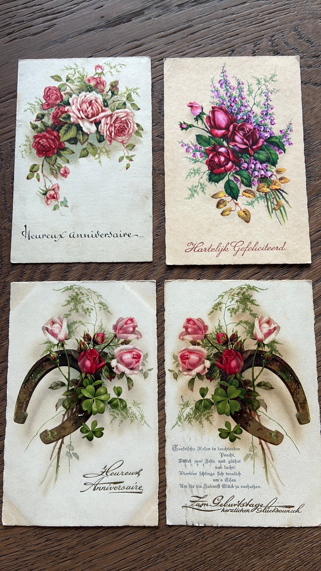 Gefeliciteerd. 4x met afbeelding rozen. Hoefijzer, Verzamelen, Ophalen of Verzenden, Gelopen
